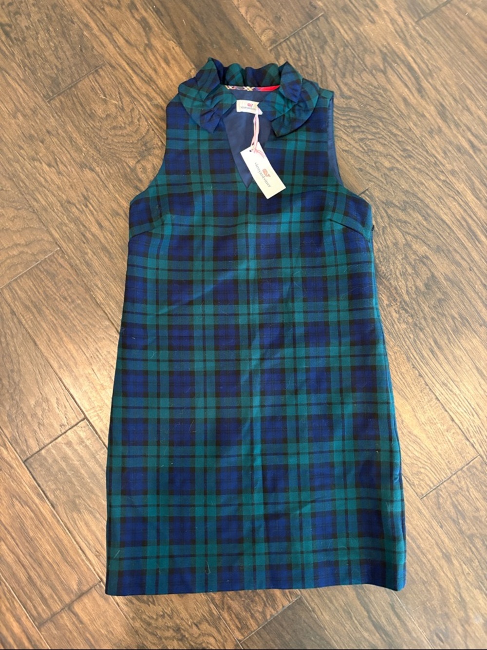 Vineyard Vines Green & Navy Plaid Ruffle-Collar A-Line Dress